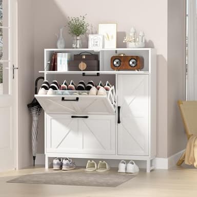 Betterhood Shoe Cabinet for Entryway with 2 Flip Drawers, Slim Freestanding Shoe Rack Organizer, Entryway Shoe Cabinet with Open Storage for Foyer and Hallway, White - Image 3