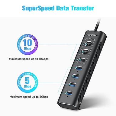 Powered USB Hub, Rosonway 7-Port USB 3.2/USB C Hub with 10Gbps USB-A 3.2, 2 USB-C 3.2, 4 USB 3.0 Ports, Individual Switches and 12V Power Adapter, Aluminum USB Port Expander for Laptop/PC, RSH-A107C - Image 3