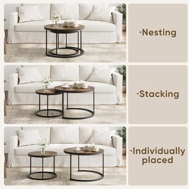 Smuxee Rustic Nesting Coffee Table Set of 2, 27.6" Round Coffee Table Wooden Marble Pattern with Adjustable Non-Slip Feet, Industrial End Table for Living Room Bedroom Balcony - Image 5