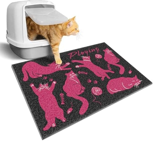 Pink Cat Litter Mat,24x16 Inch - Easy Clean, Anti Slip Trapping Mat for Cat Litter Box & Kitty Litter, Washable, Cute Small Rug for Litter Catching, Indoor Cat Accessories, Black and Pink