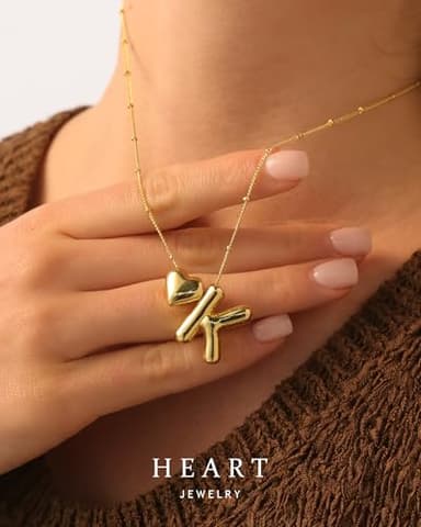 CCINPPY Heart Letter Necklace, 14k Gold Plated Initial Dainty Necklace for Women, Chunky Bubble Balloon Charm Pendant Name Personalized Jewelry Gift, Gold, Letter K - Image 4