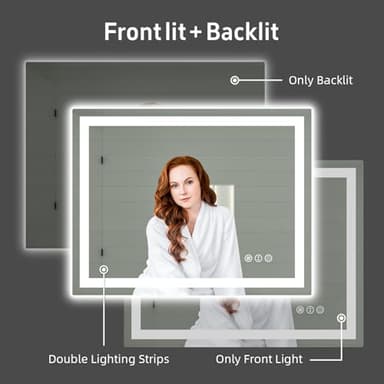 miskerm 40"x 32" LED Bathroom Mirror with Lights, Double Lights Dimmable, Anti-Fog, Front and Backlit LED Mirror for Bathroom, Lighted Bathroom Vanity Mirror with Tempered Glass (Horizontal/Vertical) - Image 2