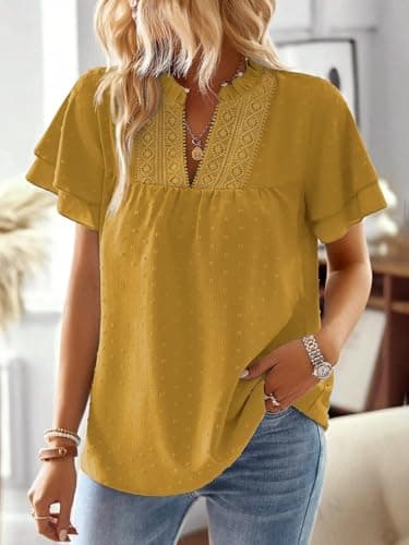 Falechay Plus Size Tops for Women Dressy Casual Short Sleeves Going Out Womens Blouses V Neck Ruffle Sleeve Summer Shirts Tunic Business Cute Swiss Dot Boho Top Bohemian Flowy Shirt Yellow 2XL - Image 2