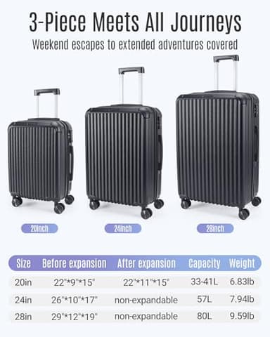LIGHT FLIGHT Travel Luggage Sets, 3 Piece Set Suitcase with Spinner Wheels, Hardside Lightweight Luggage set with TSA Lock (20" 24" 28"), Black - Image 6