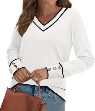 WIHOLL Lightweight Sweaters for Women Long Sleeve V Neck Knit Outfits with Decorative Buttons - Image 4