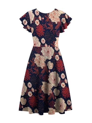 HELYO Semi-Formal Dresses for Women Fit and Flare Elegant Ruffle Sleeves V-Back Work A-Line Cocktail Party Dress with Pockets 842 Yellow Blue XXL - Image 3