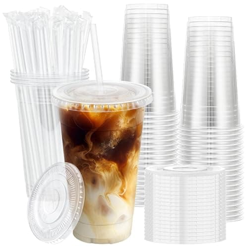 Lamosi 100 Pack 20 oz Clear Plastic Cups with Lids and Straws, Disposable Iced Coffee Cups with Lids for To-Go Cold Drinks, Smoothies and Slushie - Image 1