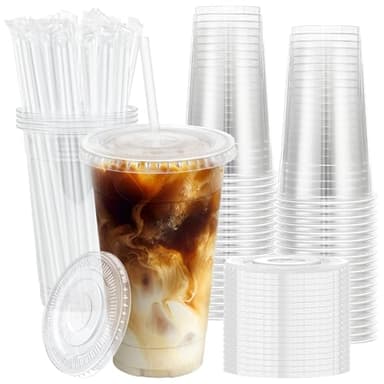 Lamosi 100 Pack 20 oz Clear Plastic Cups with Lids and Straws, Disposable Iced Coffee Cups with Lids for To-Go Cold Drinks, Smoothies and Slushie - Image 1