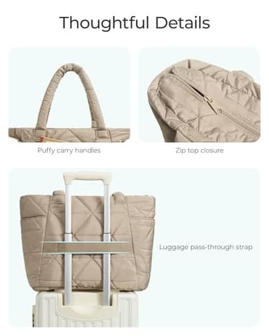 BAGSMART Tote Bag for Women, Puffy Tote Bag with Zipper, Large Quilted Shoulder Bag with Compartments for Travel, Work, Gym (Grayish Brown) - Image 5