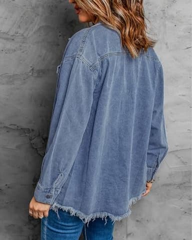 Vetinee Oversized Boyfriend Denim Jean Jacket with Buttons and Raw Hem Pockets - Blue, Size Medium 8-10 - Image 3