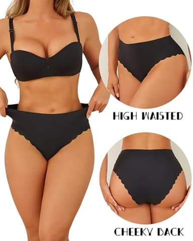 FINETOO Seamless Underwear for Women High Waisted Panties Scalloped Edge Sexy Cheeky Bikini No Show Briefs S-XXL 5 Pack - Image 2