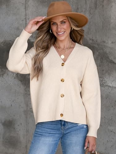 ANRABESS Women Cardigan Sweaters 2024 Fall Oversized Button Open Front Knit Lightweight Cardigans Fall Outfits Outerwear Beige Medium - Image 2