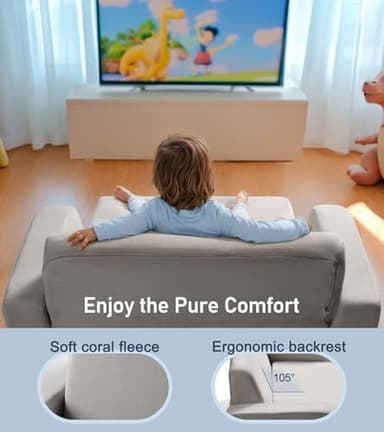 3-in-1 Extra Wide Convertible Kids Couch, Flip Open Toddler Couch to Lounger, Comfy Toddler Chair, Machine-Washable Kids Sofa for Girls, Kid Sofa Bed for Fun Playtime or Comfy Lounging, Gray - Image 4