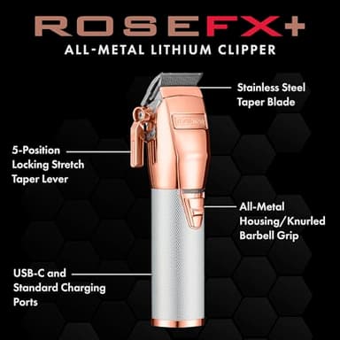 BaBylissPRO ROSEFX+ Professional Barber Cord/Cordless Hair Clippers for Men, All Metal, Lithium Battery with 3-Hour Runtime, Rose Gold - Image 2