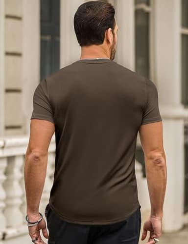 JMIERR Mens Short Sleeve T Shirt Muscle Slim Fitted Henley Shirt Crewneck Longline Tees Shirts for Gym Workout Athletic, US 46(XL), Brown - Image 4