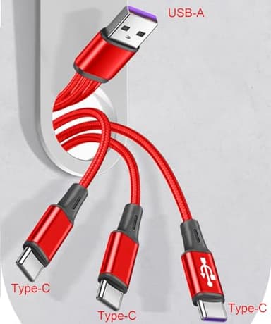 4FT 2Pack USB A to Multi 3 Type C Splitter Cable,3 in 1 Multi Charging Cable Nylon Cord, USB A to 3 USB C Port Compatible with Apple i-Phone 15,iPad Pro/Air,Sam-sung S24 S23,Moto,Google Pixel 8,LG,Red - Image 3