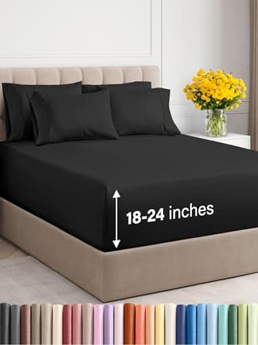 Extra Deep Queen Sheet Set - 6 Piece Breathable & Cooling Sheets - Hotel Luxury Bedding Set w/18-24 Inch Extra Deep Pockets - Easy & Secure Fit - Super Soft, Wrinkle Free & Comfy - Black, Queen Size - Image 1