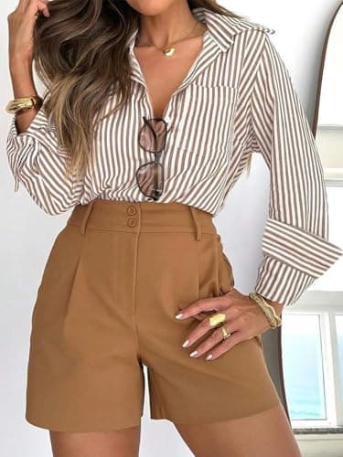 siliteelon Striped Button Down Shirts for Women Dress Shirts Long Sleeve Casual Collared Office Work Shirt with Pocket Brown and White - Image 4