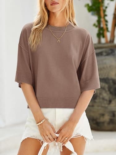 Saodimallsu Womens Short Sleeve Sweater Summer Oversized Cropped Sweaters Casual Crewneck Lightweight Knit Tops - Image 3