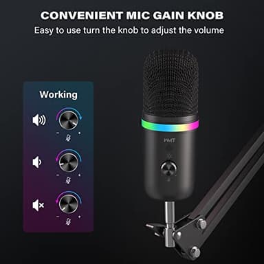 WMT USB Microphone with Boom Arm, Condenser Gaming Mic for PC/MAC/PS4/PS5, with Brilliant RGB Lighting Headphone Output Volume Control, Mute Button, Pop Filter, for Streaming Podcast YouTube Discord - Image 7