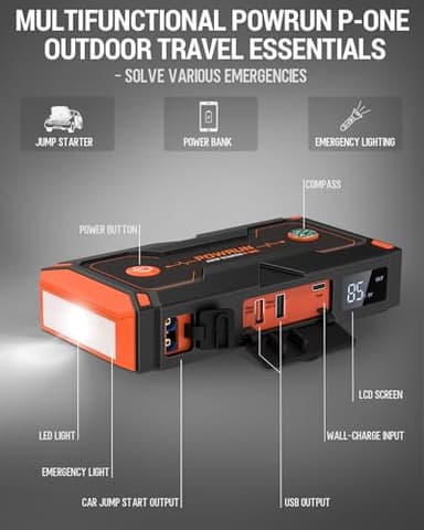 Powrun P-ONE Jump Starter, 2000A Portable Jump Box - Car Jump Starter Battery Pack for up to 8.0L Gas and 6.5L Diesel Engines, 12V Battery Jump Starter with Carry Case (Orange) - Image 6