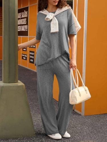 Tankaneo Women's 2 Piece Travel Outfits Casual Short Sleeve Knit Sweater Set Wide Leg Pants Lounge Sets Tracksuit - Image 2