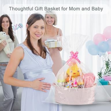 COMSE Small Woven Basket with Gift Bags and Ribbons, Gift Basket Empty, Cotton Rope Storage Organizer, Baby Toy Box with Handles, 12" x 8" x 5", Light pink - Image 3