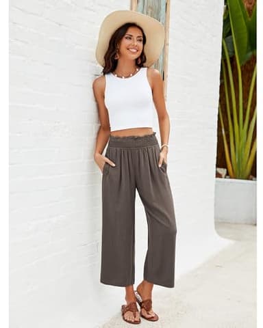 GRAPENT High Waisted Lightweight Women's Beach Linen Clothes Wide Leg Lounge Pants Casual Outfits Travel Pants Color Coffee Brown Size L Large Size 12-14 - Image 3
