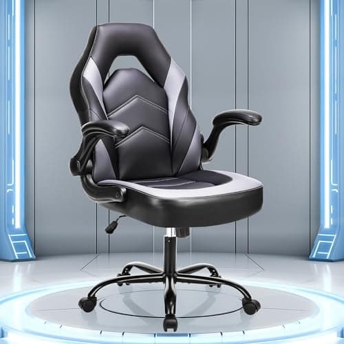 OLIXIS Big and Tall Office Desk Leather Gaming Computer Chair with Adjustable Swivel Task and Flip-up Arms for Adults, Teens, Grey - Image 1