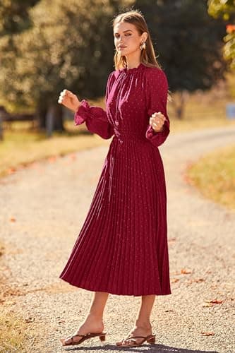 PRETTYGARDEN Womens Pleated Midi Dress Casual Long Sleeve V Neck Swiss Dot Beach Flowy Dresses (Wine Red,Large) - Image 8