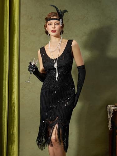 YESSA Flapper Dresses 1920s Gatsby Dress for Women Roaring 20s Costumes Fringed Sequin Cocktail Dress with 20s Accessories Black X-Large - Image 4