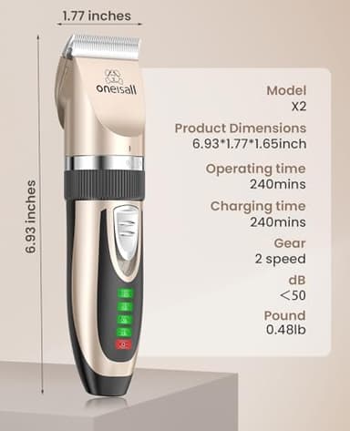 oneisall Dog Clippers Low Noise, 2-Speed Quiet Dog Grooming Kit Rechargeable Cordless Pet Hair Clipper Trimmer Shaver for Small and Large Dogs Cats Animals (Gold) - Image 8