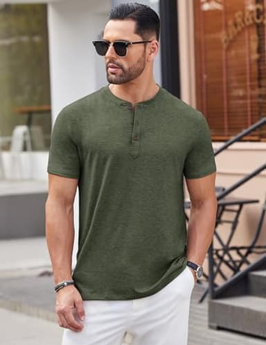 COOFANDY Men's Henley Short Sleeve Shirts Casual Button Henley Basic Tee Solid Fashion Shirts Dark Green - Image 3