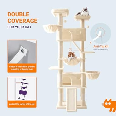 Allewie 81 Inches Tall Cat Tree/Multi-Level Large Climbing Tree House and Towers for Big Feline/Condo and Hammock/Scratching Post/Wide Base/Beige - Image 7