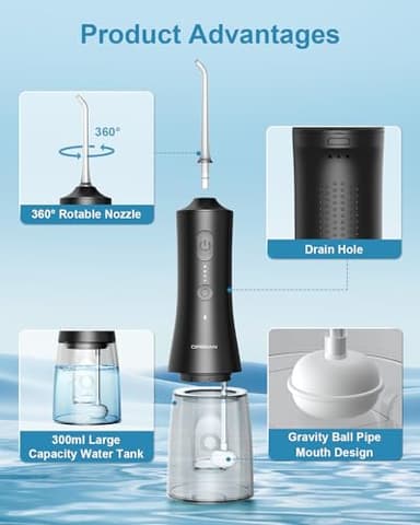 Operan Water Flosser for Teeth Cleaning Upgraded 300ml Cordless Water Dental Flossers Rechargeable Oral Irrigator with 4 Modes 4 Jet Tips IPX7 Waterproof Water Floss for Home Travel (Black)+1Pack - Image 3