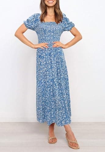 ZESICA Women's 2025 Summer Boho Floral Print Square Neck Ruffle Swing Beach Long Maxi Dress,Blue2,Large - Image 5