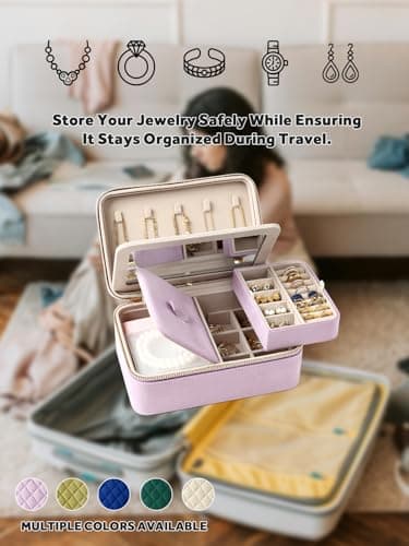 Lumayina Velvet Travel Jewelry Box with Large Mirror, Double-Layer Jewelry Organizer Case for Women and Girls, Portable Storage Case with 6 Anti-Tarnish Bags Gift Ready for Her (Lavender) - Image 8