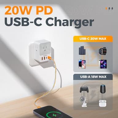 USB C Charger Block 20W PD, TESSAN 4 USB Wall Charger Fast Charging with 3 Outlet Extender Surge Protector, 3 Side Multi Port Adapter, Electric Multiple Outlet Plug for Home Office Dorm Room - Image 2