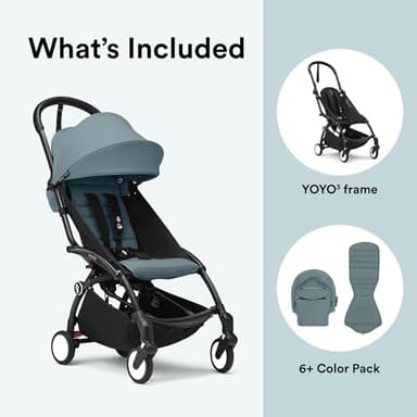 Stokke YOYO3 Stroller from 6 Months - Includes Black Frame/Aqua Seat Cushion + Canopy - Folds in & Out in a Flash - Light & Compact - Carry-On Compatible - Image 8