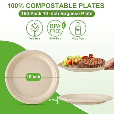 JOLLWEI 10 Inch Compostable Disposable Paper Plates, 150 Pack Heavy Duty Paper Plates, Made Of Eco-Friendly, Natural Sugarcane Bagasse - Image 7