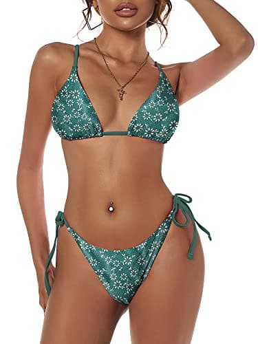 ZAFUL Women's Triangle Bikini Floral String Bikini Set Two Piece Swimsuit Bathing Suits (2-Greenish Blue, M) - Image 2