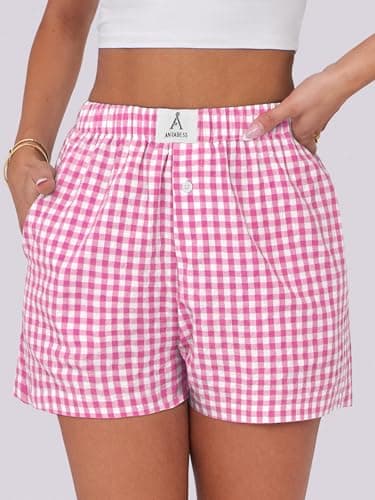 ANRABESS Boxer Shorts for Women Gingham Pajama 2025 Summer Casual Lounge Sleep Plaid Shorts Y2K Beach Bottoms Hot Pink White Plaid X-Large - Image 5