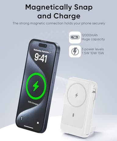 superallure Magnetic Power Bank 12000mAh for Magsafe Portable Charger, 22.5W Fast Charger Wireless Battery Pack with Built in Cables, for iPhone 16/16 Plus/16 Pro/16 Pro Max iPhone 15/14/13/12 Series - Image 2