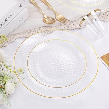 Rubtlamp 350 Pcs Clear Gold Plastic Plates, Hammered Disposable Dinnerware, Clear-Gold Plates Set Include 100 Plastic Platos, 150 Gold Disposable Silverware, 50 Cups And 50 Napkins for Party - Image 3
