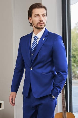 MAGE MALE Mens Suits Slim Fit 3 Piece Tuxedo Suit One Button Solid Prom Wedding Party Blazer Vest Pants Set with Tie Royal Blue - Image 4