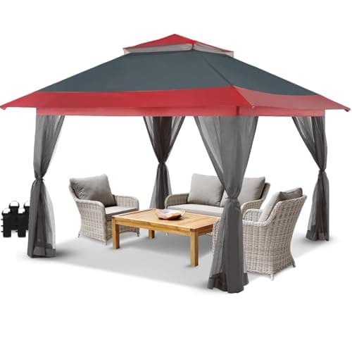 CROWN SHADES 13x13 Pop Up Gazebo, Patented One Push Outoor Canopy Tent with Wheeled STO-N-Go Cover Bag, Pop Up Canopy with Netting for Patio, Party, Backyard (13x13, Red & Grey Grid) - Image 1
