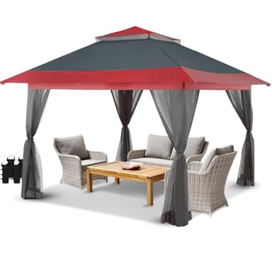 CROWN SHADES 13x13 Pop Up Gazebo, Patented One Push Outoor Canopy Tent with Wheeled STO-N-Go Cover Bag, Pop Up Canopy with Netting for Patio, Party, Backyard (13x13, Red & Grey Grid) - Image 1