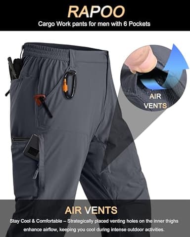Rapoo Hiking Pants for Mens with Pockets Comfy Lightweight Waterproof Quick Dry Travel Track Outdoor Summer Camping Thin Fishing Work Cargo Pants Grey 40Wx30L - Image 2
