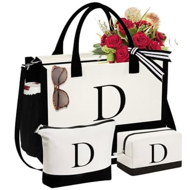 YOOLIFE Birthday Gifts for Sister - Initial Canvas Tote Bag & Makeup Bag, Letter D - Image 1