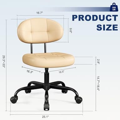 Misolant Vanity Chair with Back, Small Armless Cute Office Chair with Wheels and Lumbar Support, Comfy PU Leather Desk Computer Chairs with Adjustable Height, 360° Swivel for Home Bedroom, Khaki - Image 3
